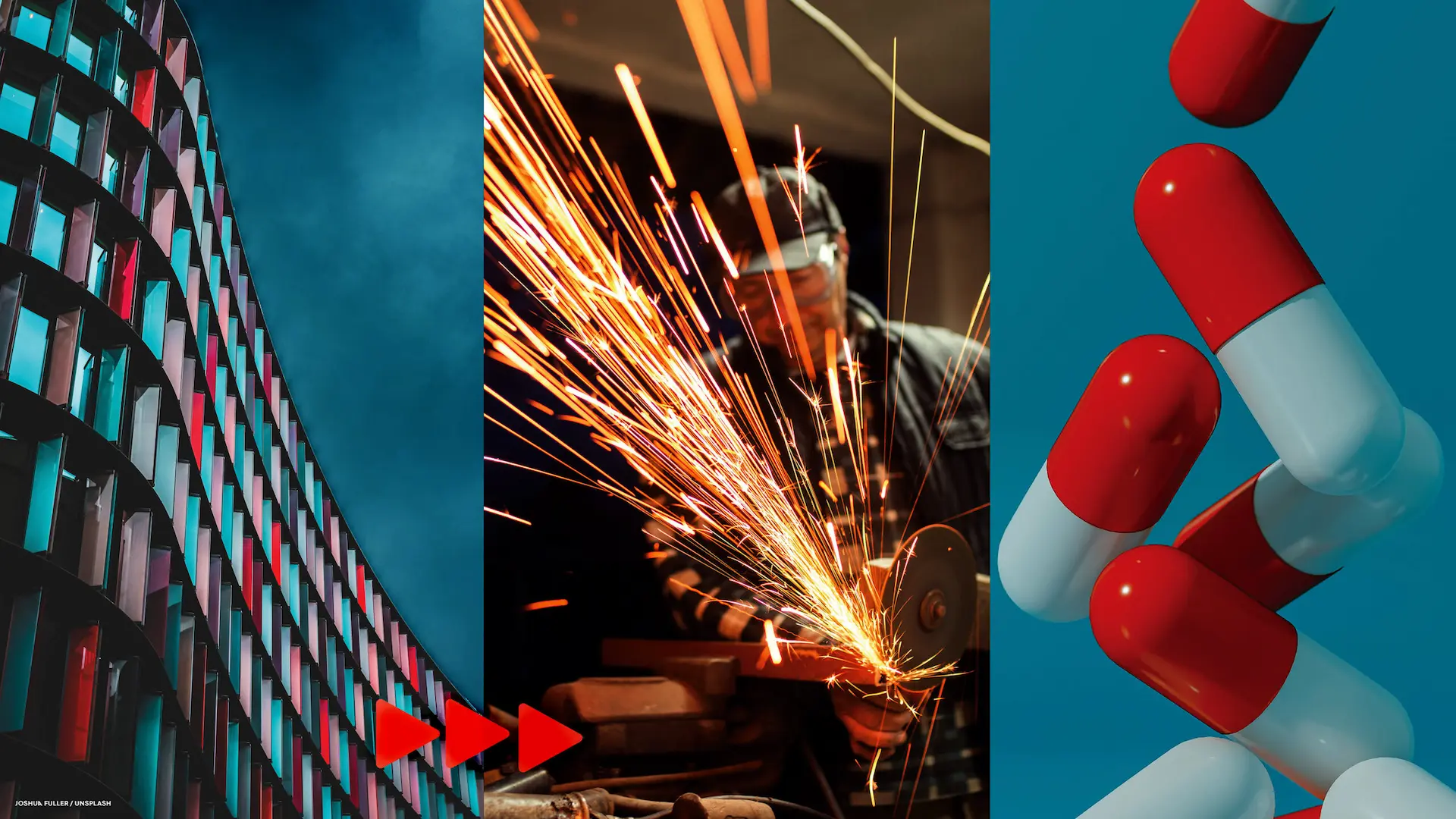 Three-column image featuring a stylish building, a man using a circular saw, and medication