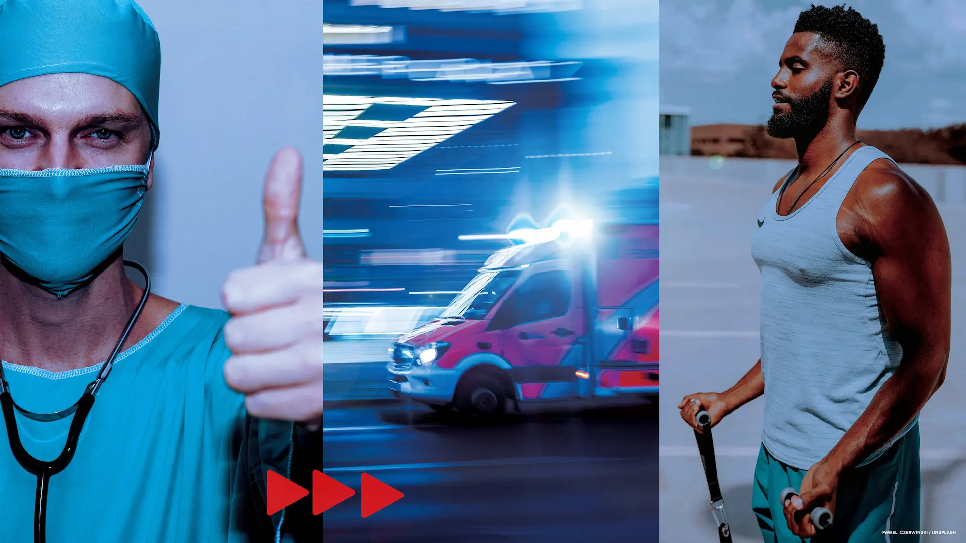 Three-column image featuring a doctor, an ambulance, and a man working out