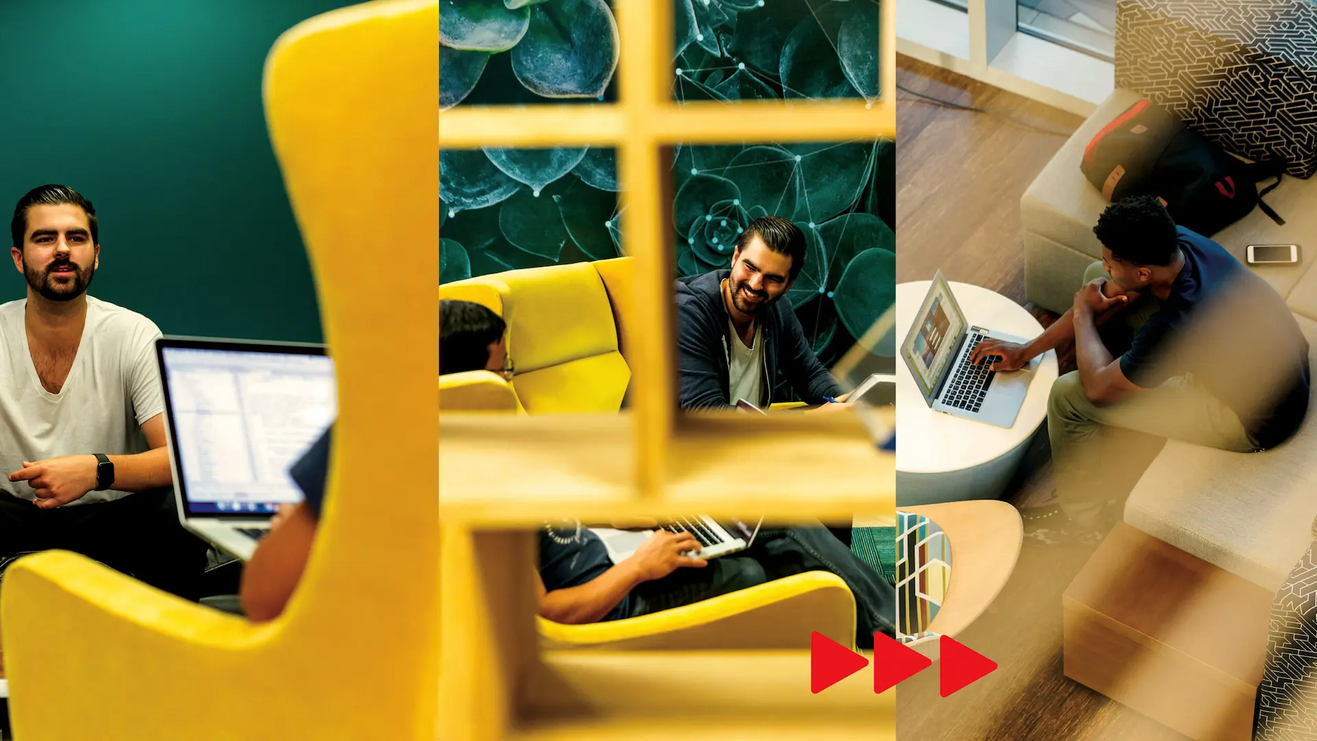 Three-column image featuring people working in a stylish office environment